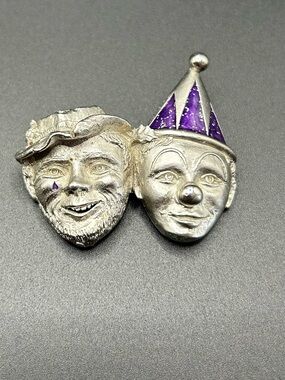 Dual Jester Clown Face Brooch in Silver with Purple Accents
